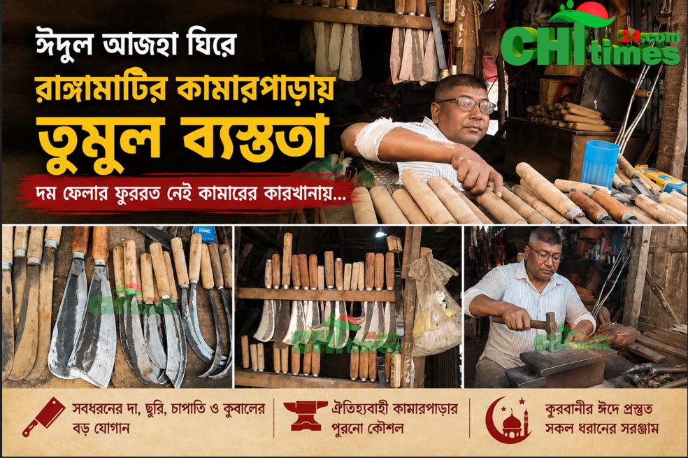 ঈদুল আজহা ঘিরে রাঙ্গামাটির কামারপাড়ায় তুমুল ব্যস্ততা দম ফেলার ফুসরত নেই কামারের কারখানায়