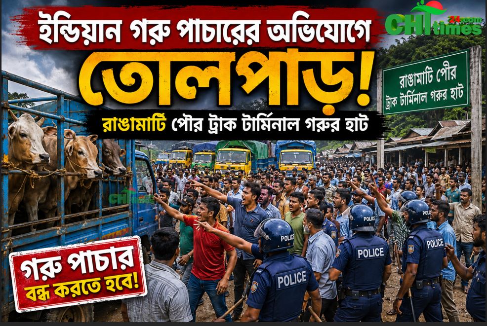 ইন্ডিয়ান গরু পাচারের অভিযোগে তোলপাড়, রাঙামাটি পৌর ট্রাক টার্মিনাল গরুর হাট