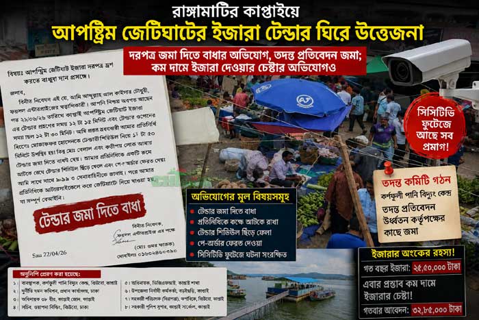 কাপ্তাইয়ে আপস্ট্রিম জেটিঘাটের  ইজারা টেন্ডার ঘিরে উত্তেজনা ! কমদামে ইজারা দেয়ার চেষ্টার অভিযোগ