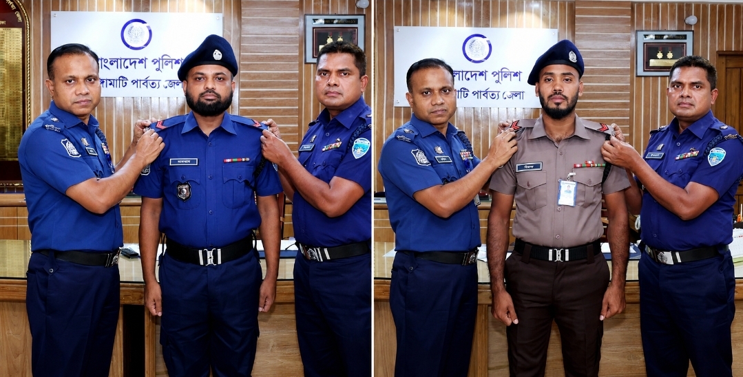 বিভাগীয় পদোন্নতি প্রাপ্ত দুই পুলিশ সদস্যের র‍্যাংক ব্যাজ পরিধান