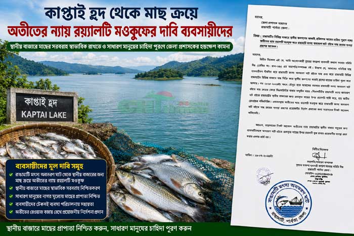 রাঙামাটি মৎস্য অবতরণ ঘাটে মাছ ক্রয়ে অতীতের ন্যায় রয়্যালটি মওকুফের দাবি ব্যবসায়ীদের