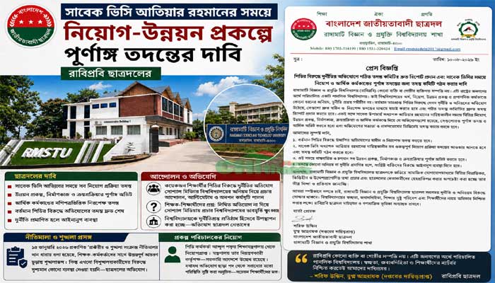 সাবেক ভিসি'র সময়ে নিয়োগ-উন্নয়ন প্রকল্পে অনিয়ম-দুর্নীতির পূর্ণাঙ্গ তদন্তের দাবি রাবিপ্রবি ছাত্রদলের
